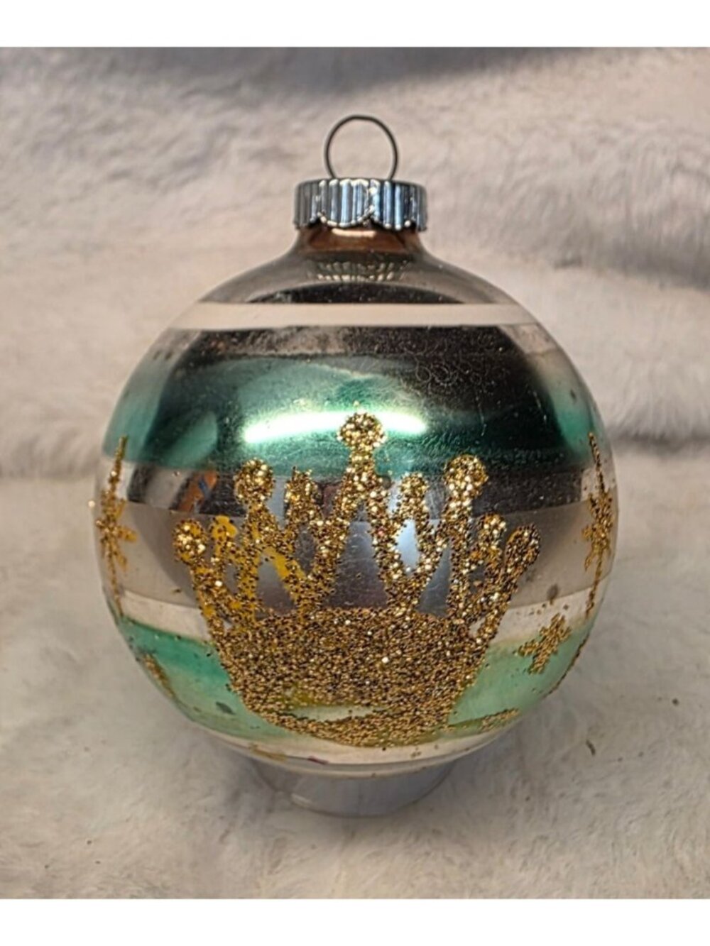 Vintage 3" Mercury Glass Striped Mica Stenciled Shiny Brite Christmas Ornament